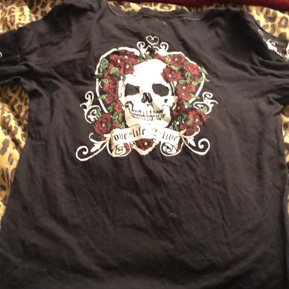 ONE LIFE 2 LIVE size large black 3/4 sleeve tee snap v-neck sugar scull & dagger - Picture 6 of 9